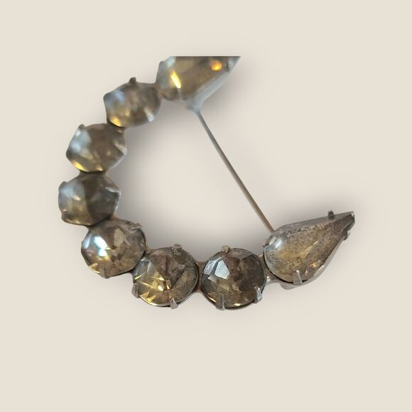 Vintage Clear Speckled Rhinestone Brooch Silver Tone U Shape Horseshoe Estate - Picture 8 of 11